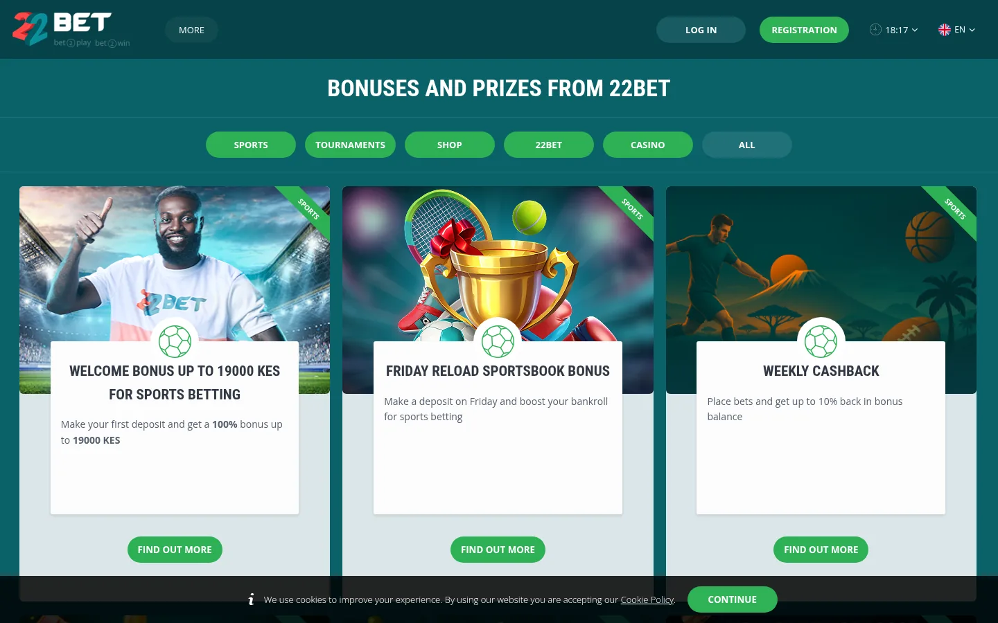 22bet's Friday reload card with a trophy, cropped from the Kenyan bonus page